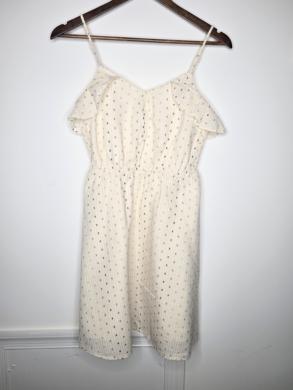 a new day Cream Flowy Gold & Brown Polka Dot Midi Dress with Ruffle Neckline XS